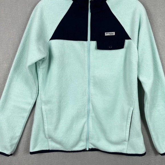 Columbia Full Zip Fleece Jacket Small PFG Green Blue Colorblock W Pockets cozy - Picture 4 of 13